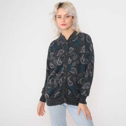90s Grey Paisley Floral Cardigan Knit Button-Up Sweater Small