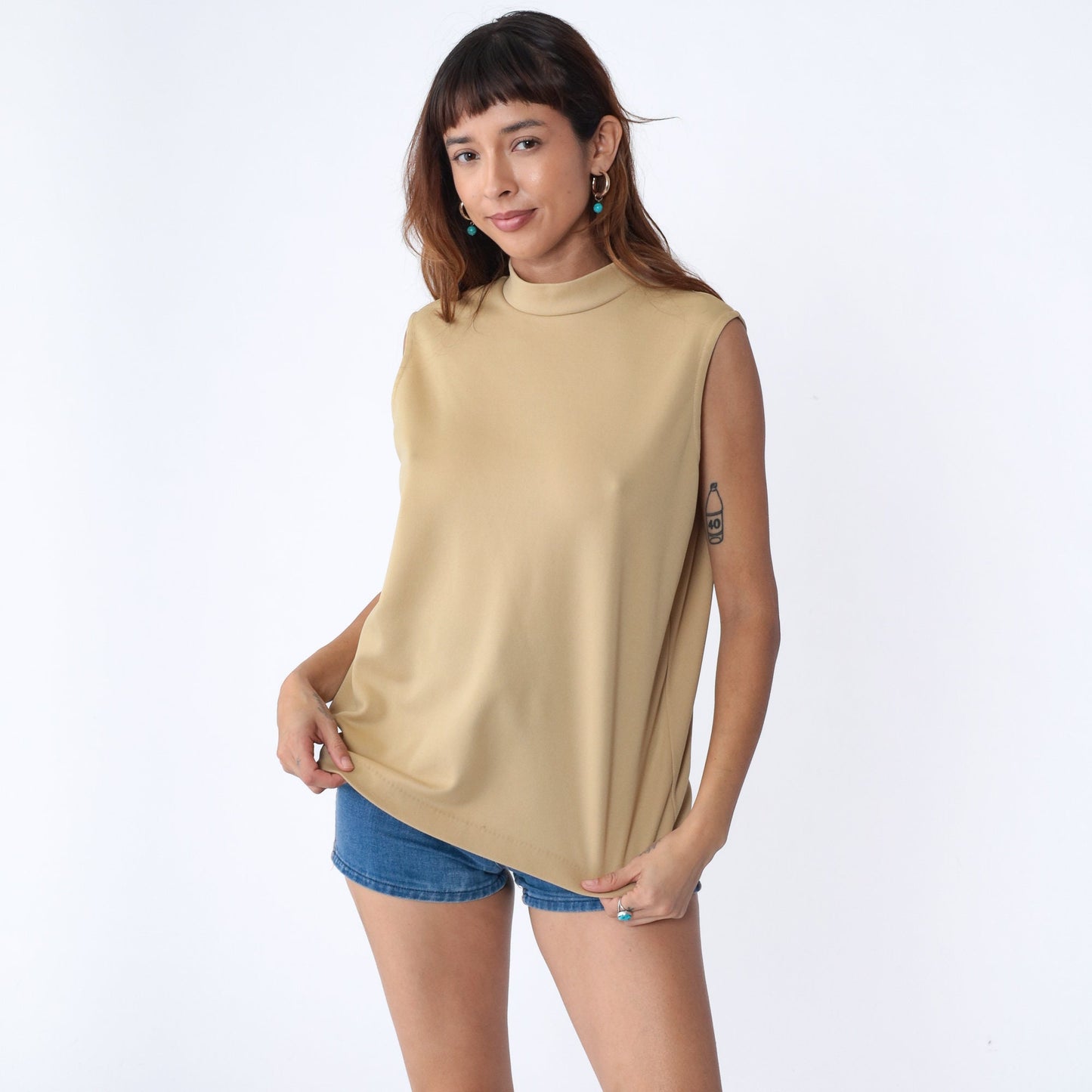 70s Beige Mock Neck Tank Top Sleeveless Blouse Large L