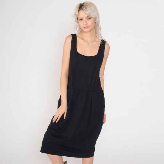 90s Black Midi Tank Dress High Waist Sleeveless Scoop Neck Large