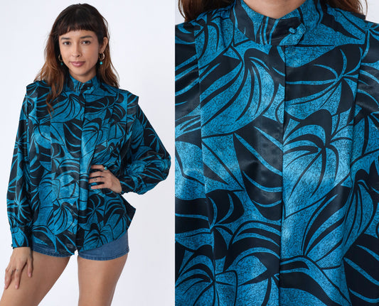 80s Leaf Print Blouse Black Blue Mock Neck Pleated Balloon Sleeve Large