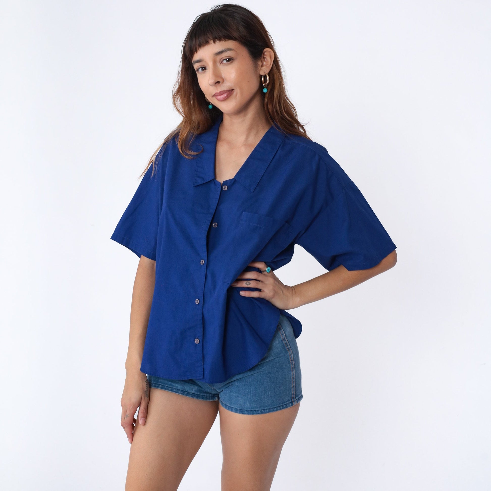 80s Royal Blue Button-Up Blouse Short Sleeve Chest Pocket Collared Large L