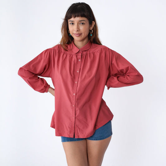 70s Dark Coral Pink Button-Up Blouse Peter Pan Collar Long Sleeve Medium