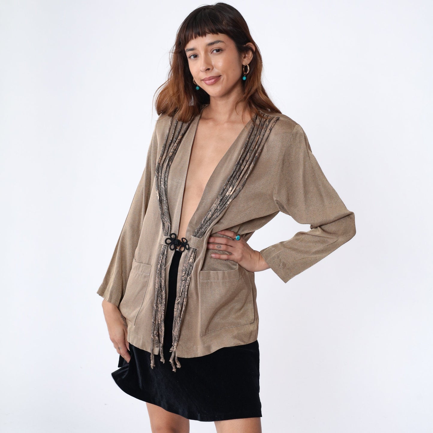 90s Metallic Bronze Snakeskin Fringe Jacket Frog Button Medium