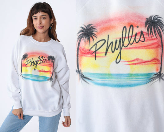 80s Phyllis Tropical Sunset Airbrush Sweatshirt White Raglan XL