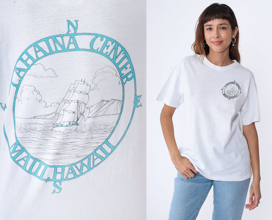 90s Lahaina Center Hawaii Graphic T-Shirt Wooden Ship Compass White Cotton Medium
