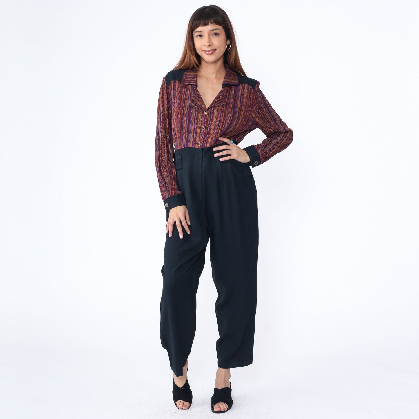90s Molly Malloy Jumpsuit Burgundy Striped Black Tapered High Waist Medium