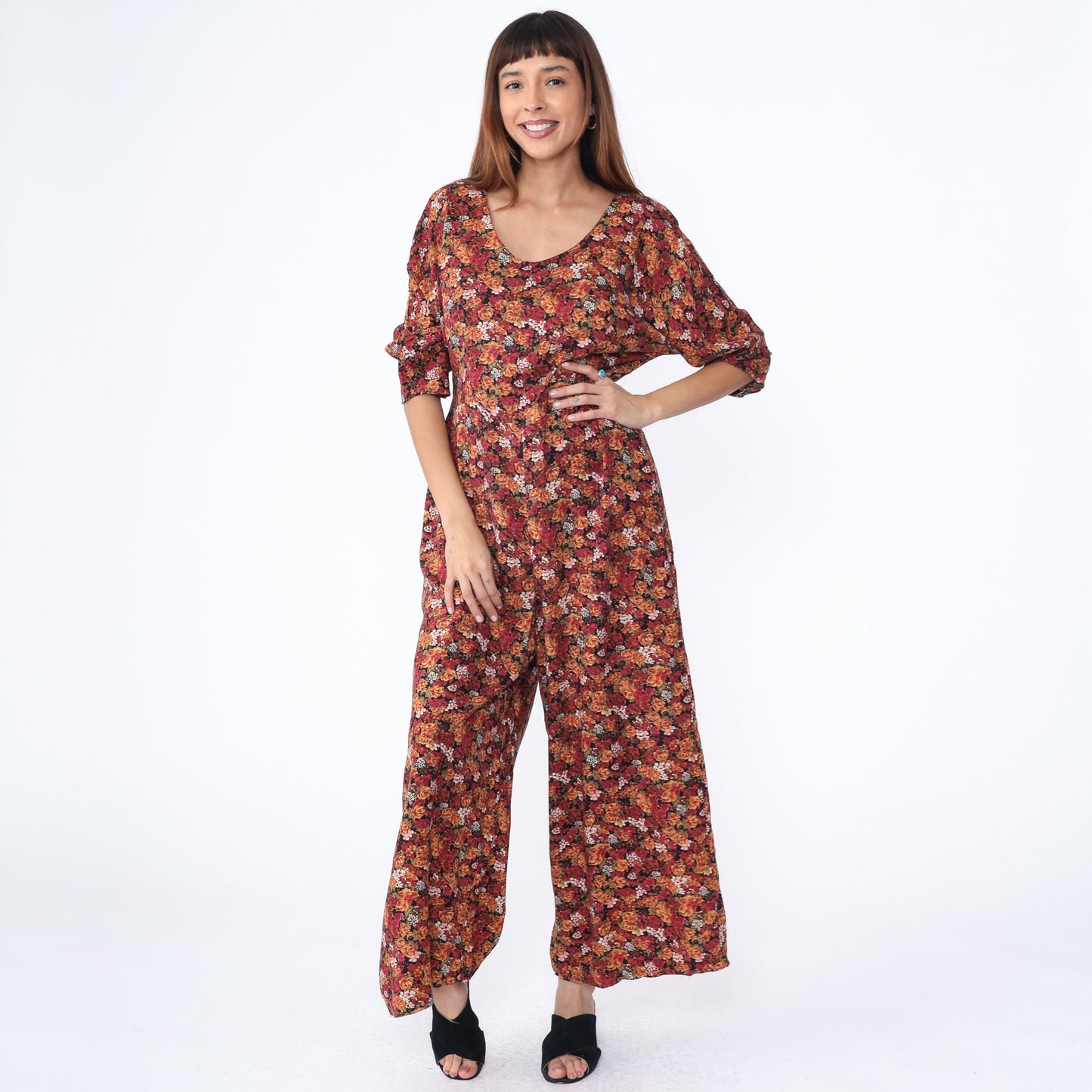 90s Red Orange Floral Rayon Jumpsuit Wide Leg Scoop Neck Medium