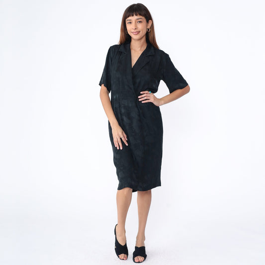 90s Black Silk Wrap Dress V-Neck High Waist Midi Short Sleeve Medium 8
