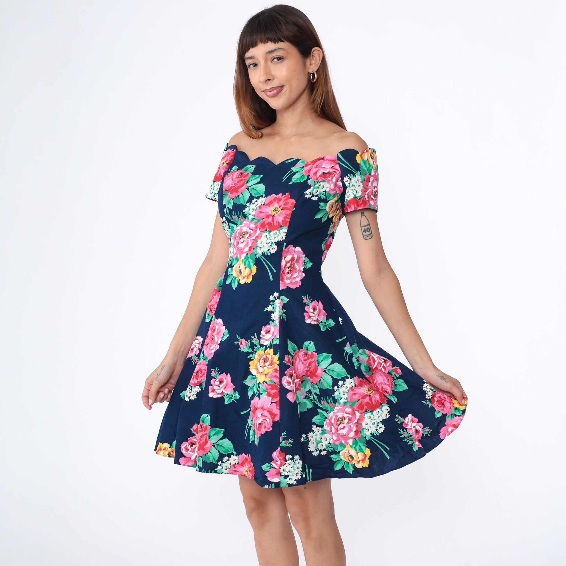 80s Floral Off-Shoulder Mini Dress Navy Blue Scalloped Neckline Small S