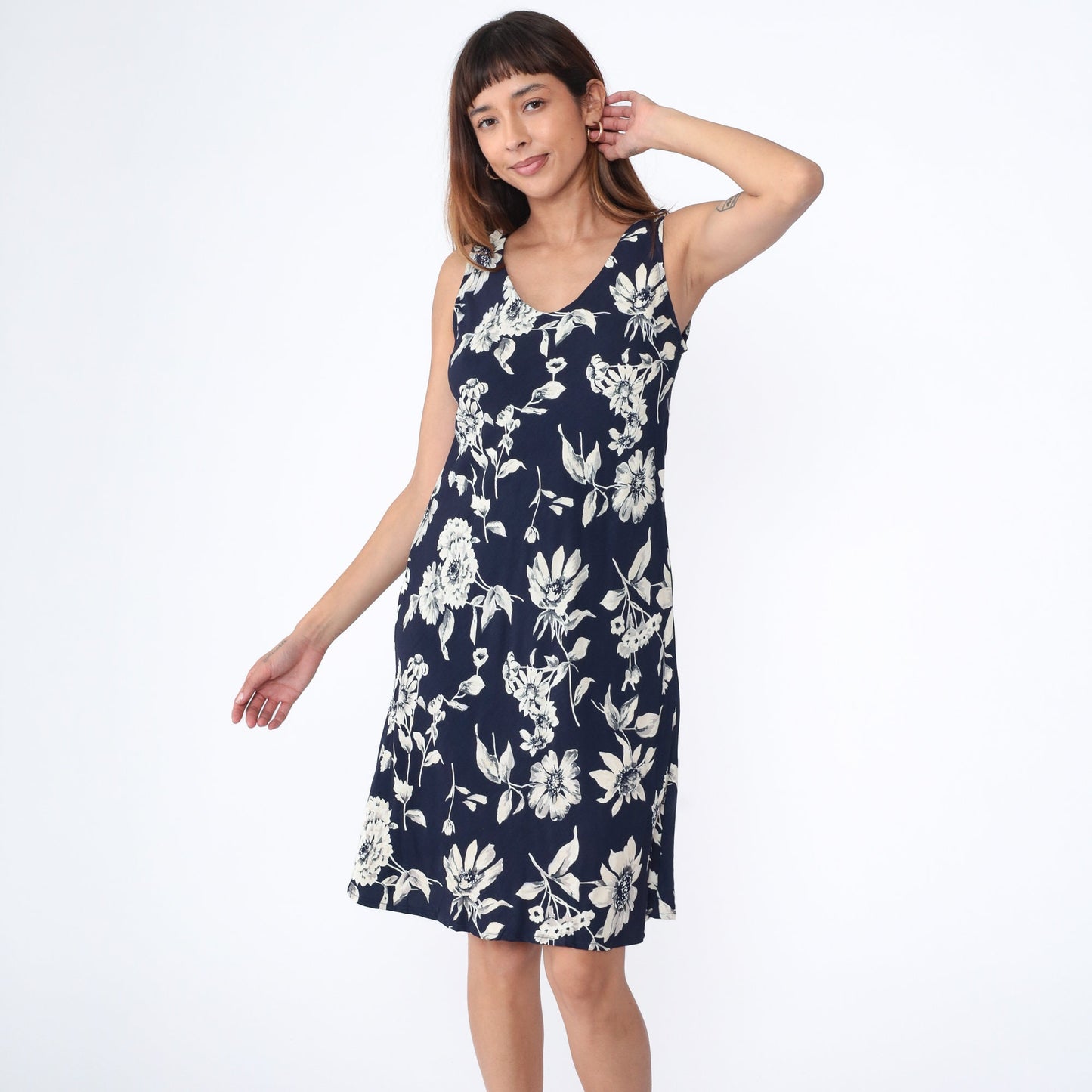 90s Navy Floral Midi Dress Sleeveless Shift Sundress Medium