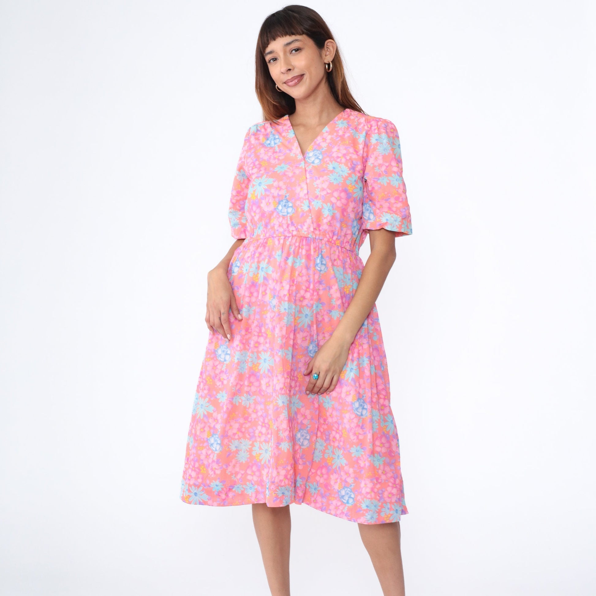 70s Floral Midi Dress Peach Pink High Waist Wrap V Neck Short Sleeve Large L