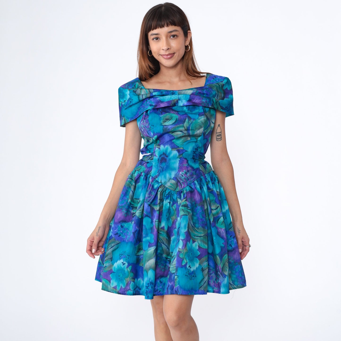 90s Blue Floral Watercolor Mini Dress Short Sleeve Drop Waist Small