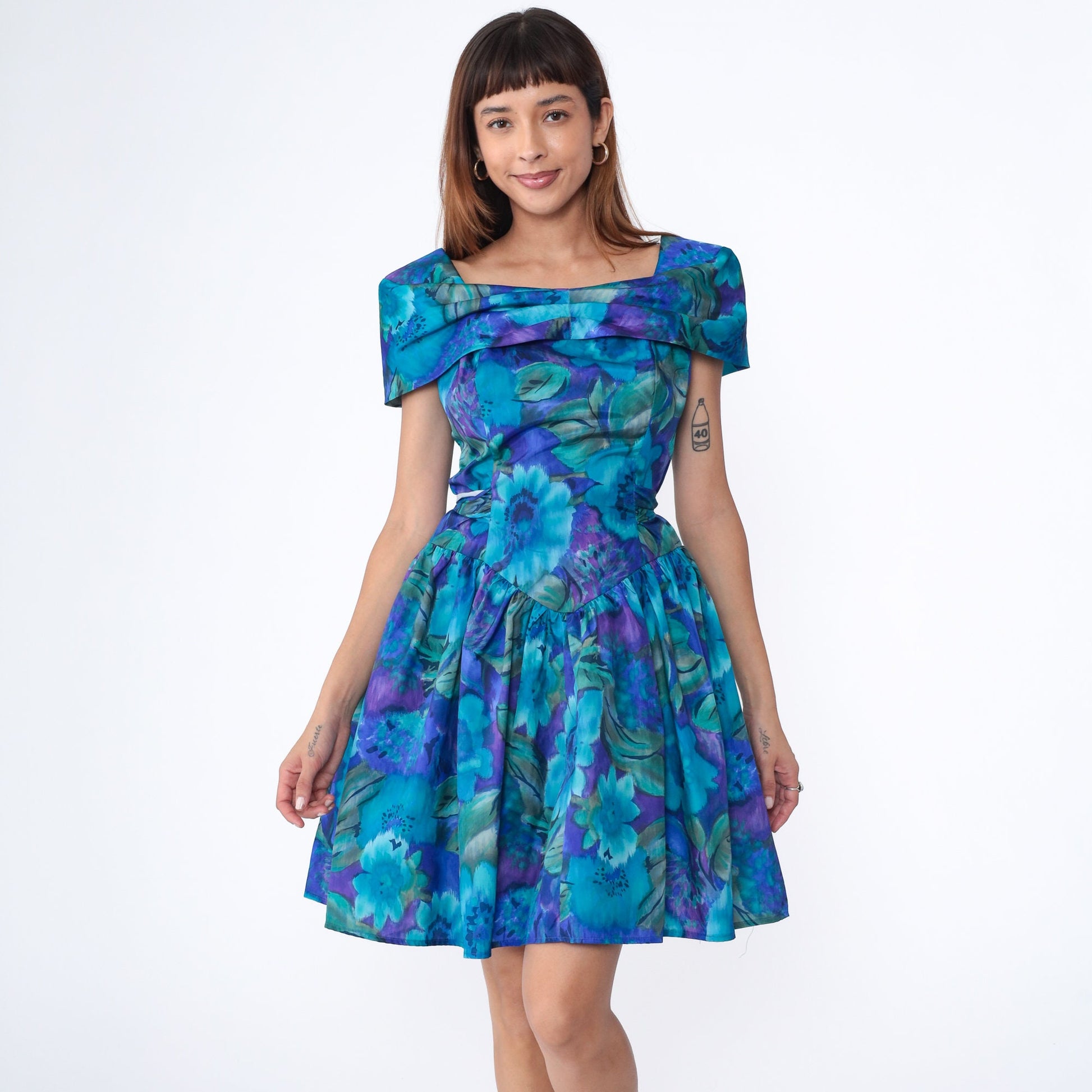 90s Blue Floral Watercolor Mini Dress Short Sleeve Drop Waist Small