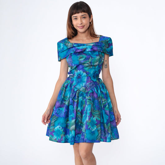 90s Blue Floral Watercolor Mini Dress Short Sleeve Drop Waist Small
