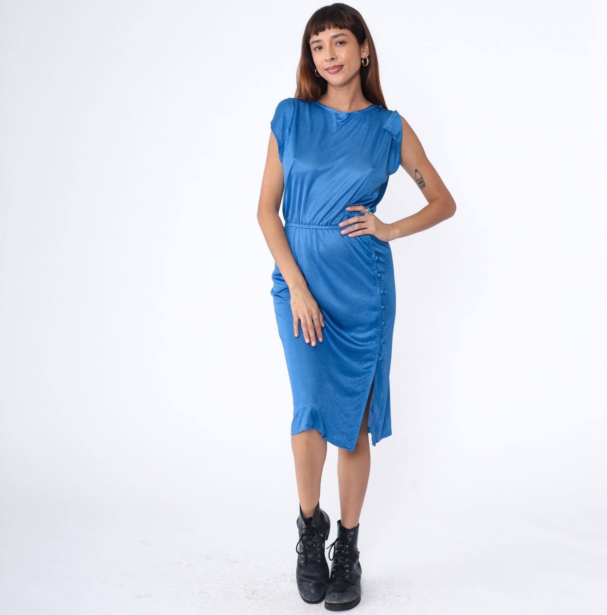 70s Blue Midi Dress Cap Sleeve High Elastic Waist Button Front Small