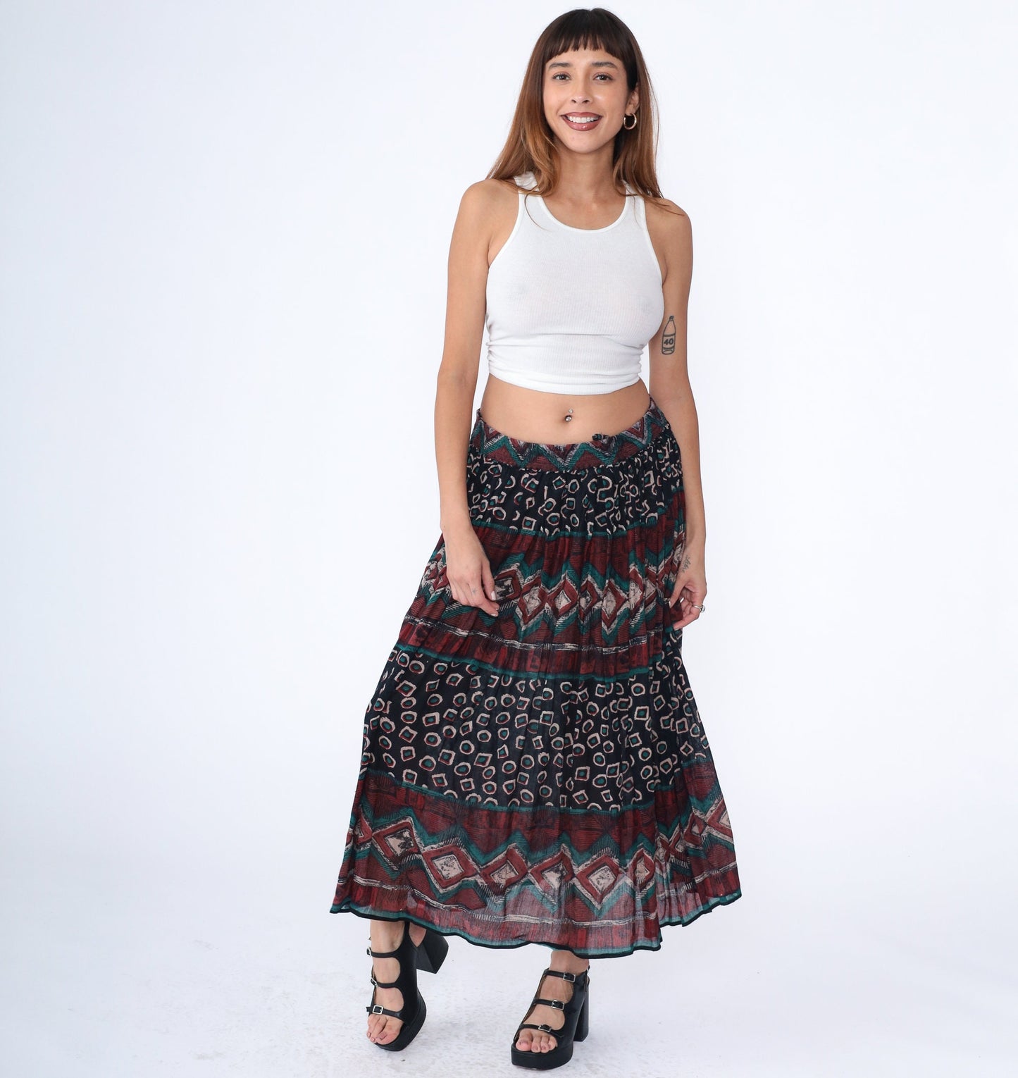 90s Geometric Broomstick Maxi Skirt Striped Red Black Green Medium Large