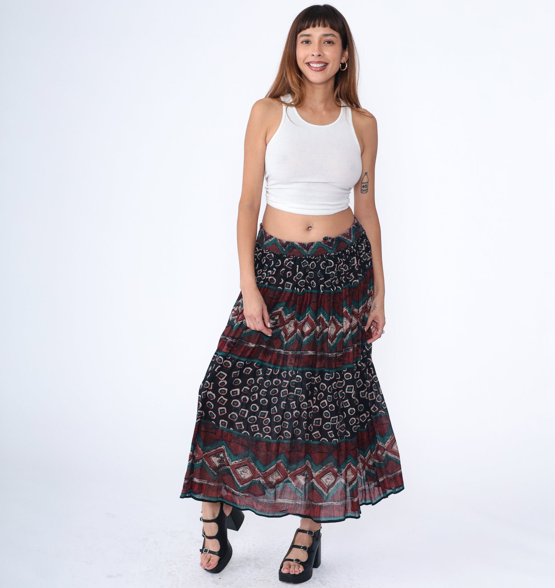 90s Geometric Broomstick Maxi Skirt Striped Red Black Green Medium Large