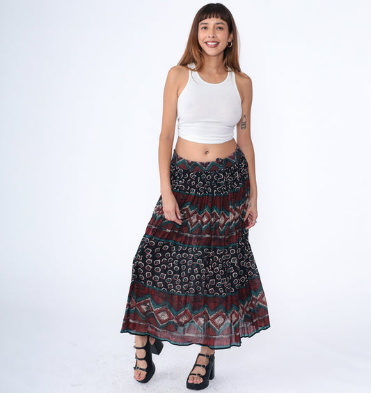 90s Geometric Broomstick Maxi Skirt Striped Red Black Green Medium Large