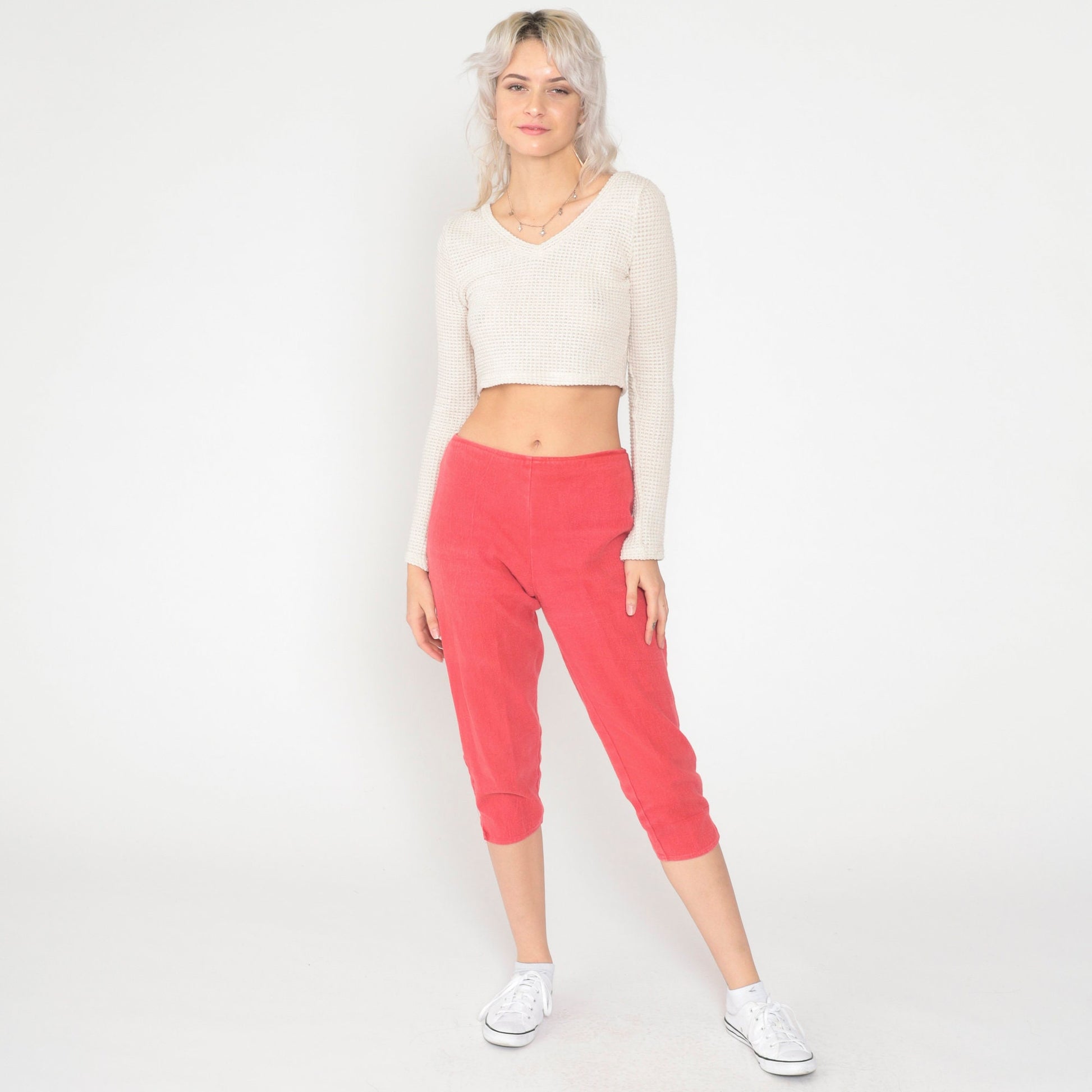 90s Red Capri Pants High Waist Cotton Cropped Trousers Small