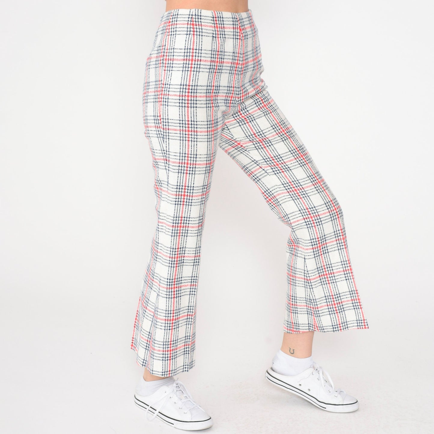 60s Plaid Flared Trousers High Waisted Red Navy White Checkered Extra Small