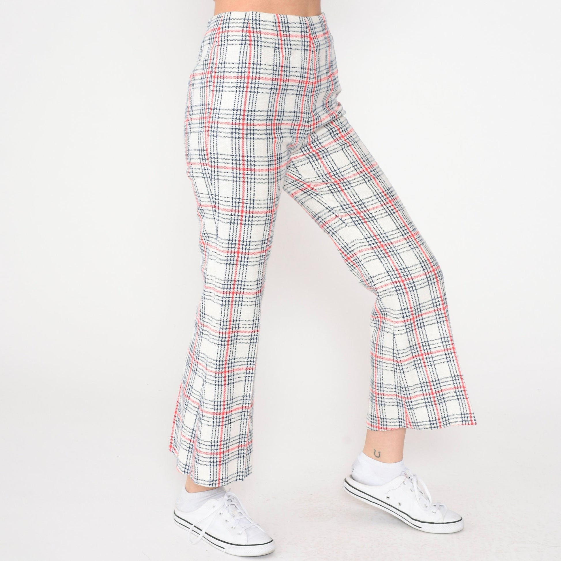 60s Plaid Flared Trousers High Waisted Red Navy White Checkered Extra Small