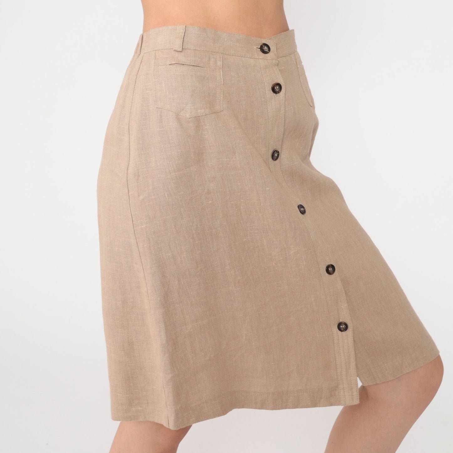 80s Harve Benard Linen Midi Skirt Tan Button Front High Waist Small
