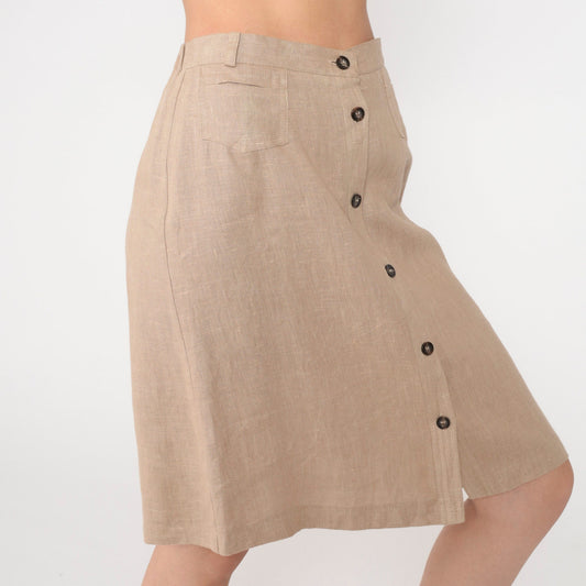 80s Harve Benard Linen Midi Skirt Tan Button Front High Waist Small