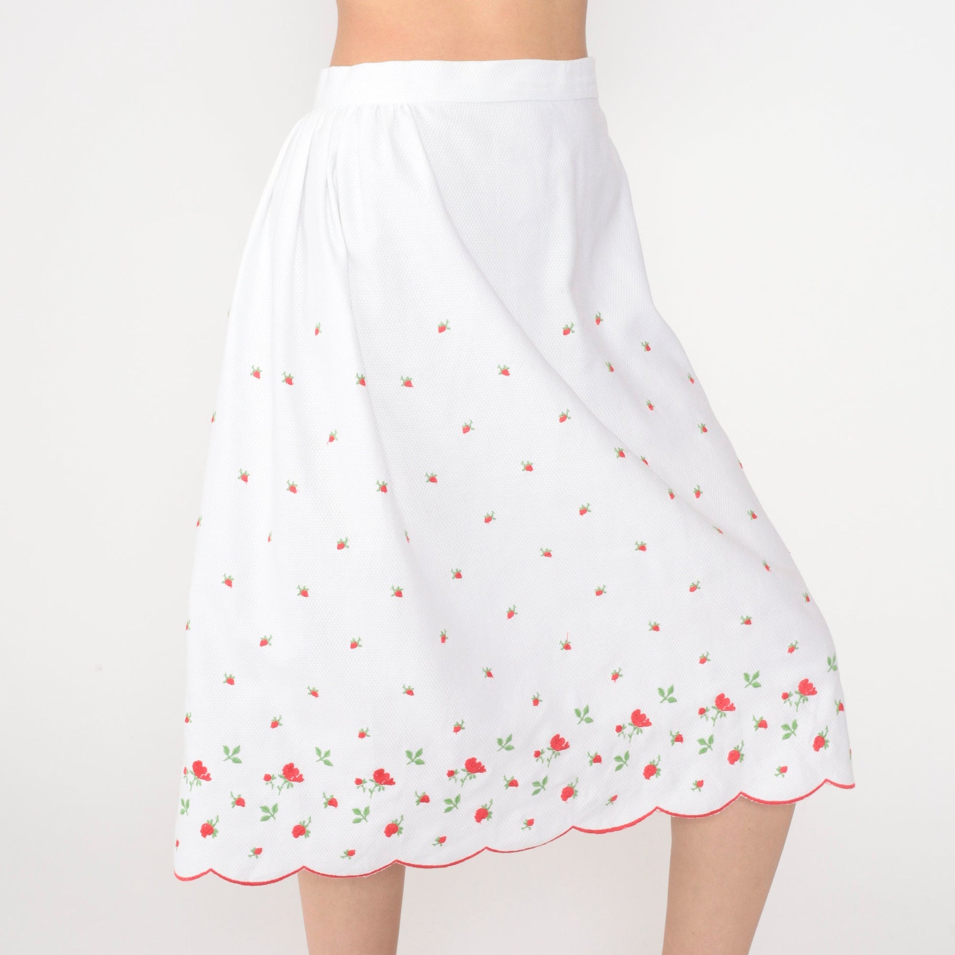 60s White Floral Embroidered Cotton Midi Skirt High Waisted Scalloped Small
