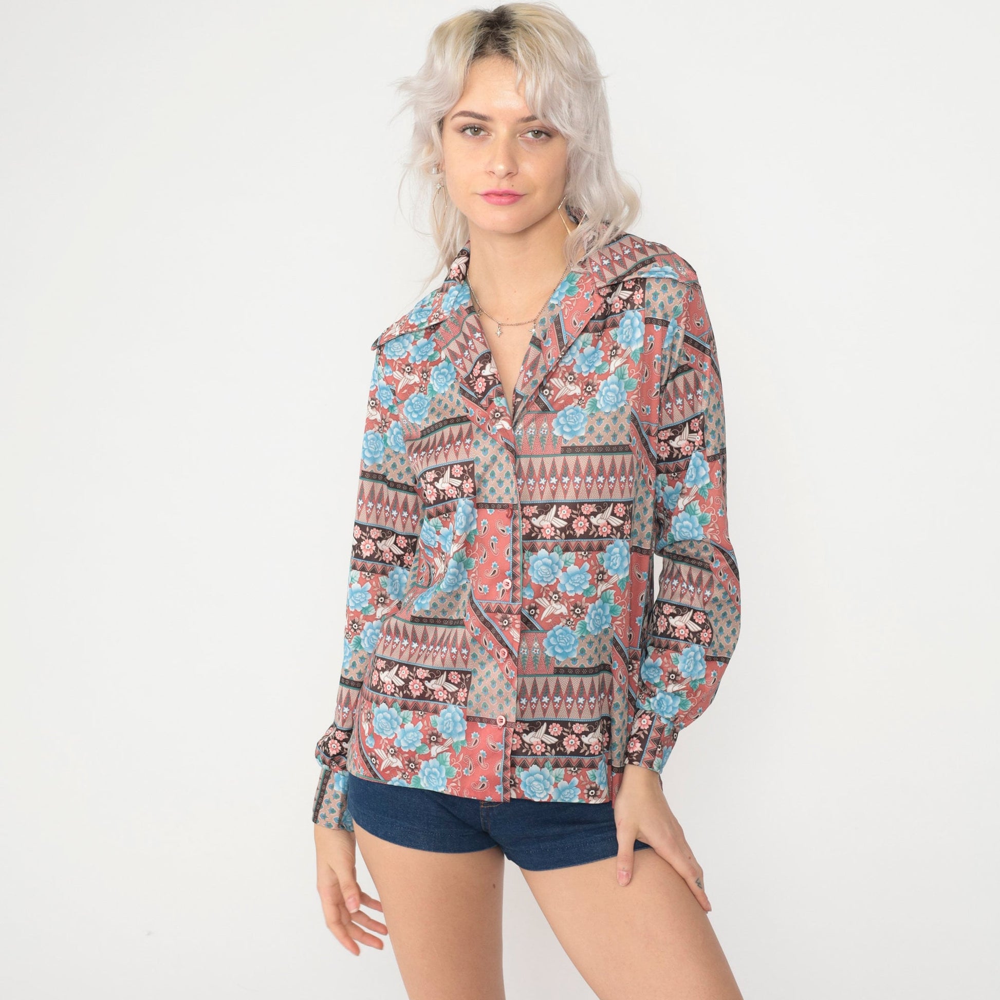 70s Bird Floral Blouse Pink Blue Dagger Collar Long Sleeve Small