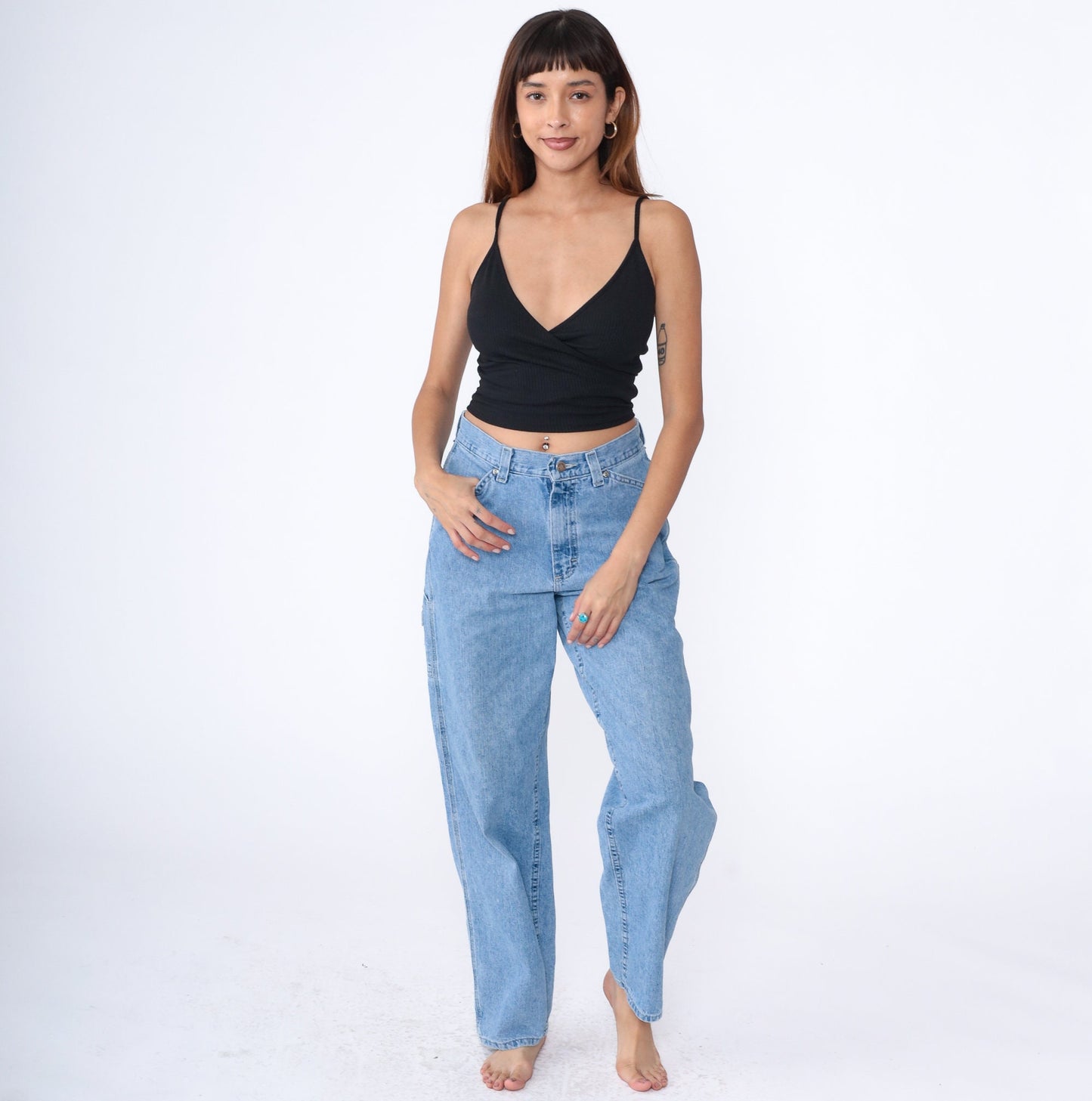 Y2K High Rise Cargo Jeans Light Wash Denim Hammer Loop Relaxed Straight Tapered Medium