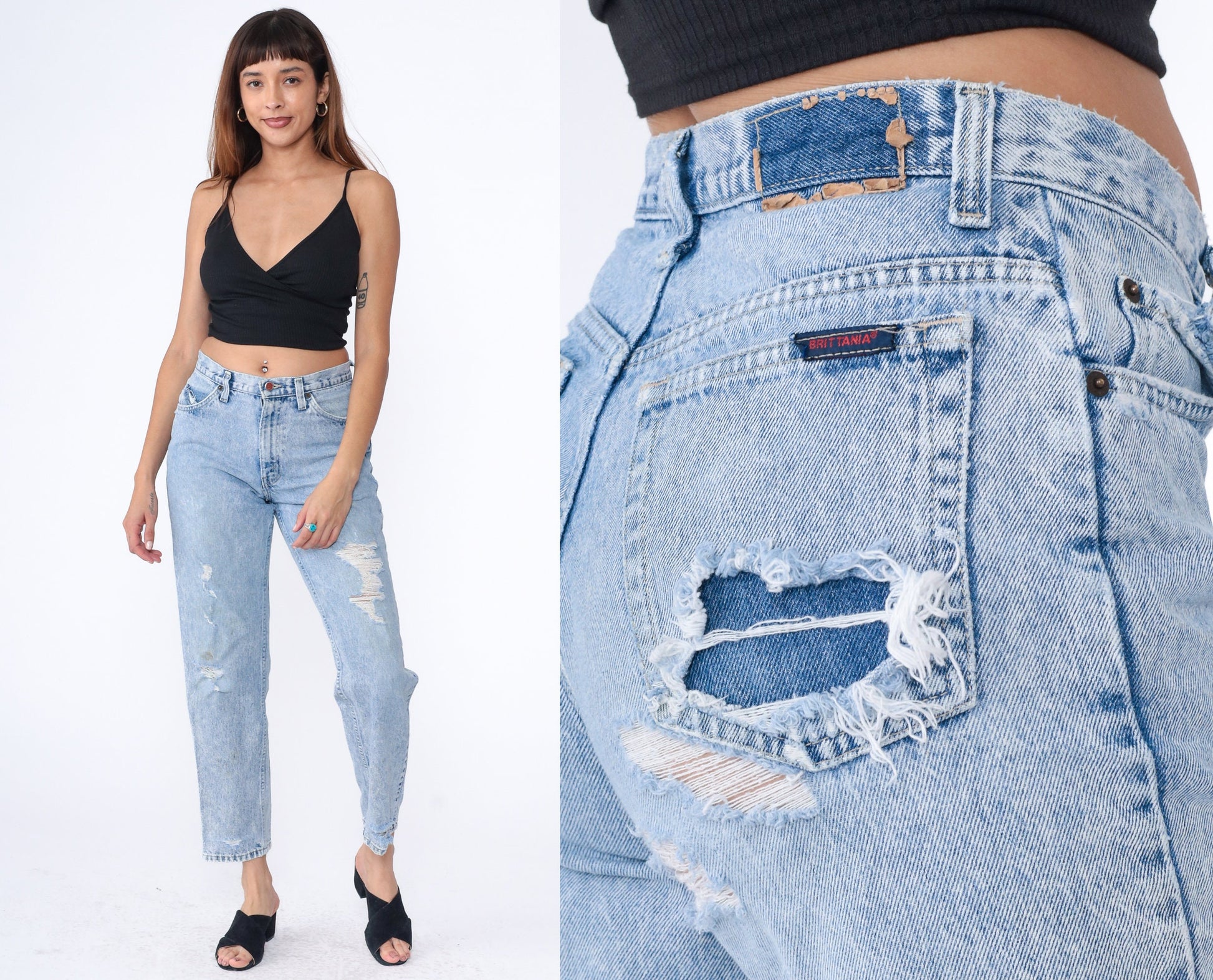 90s Brittania Ripped Mom Jeans Light Blue Denim Tapered Small