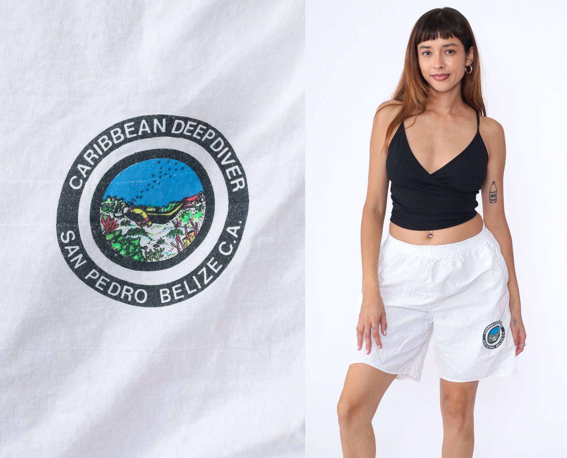 90s Belize San Pedro Scuba Diver Graphic Shorts White Cotton Small Medium
