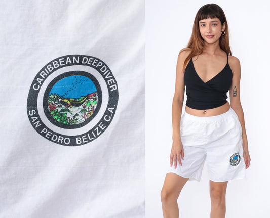 90s Belize San Pedro Scuba Diver Graphic Shorts White Cotton Small Medium