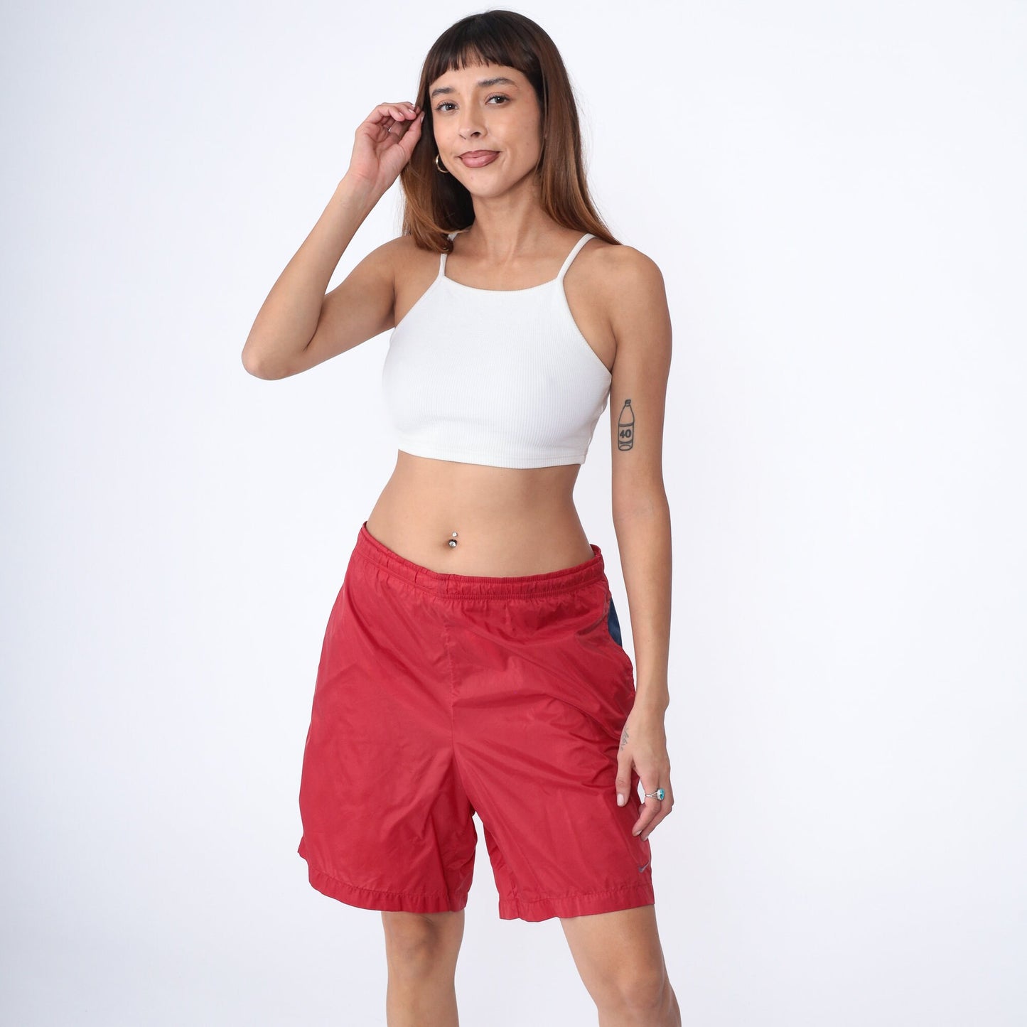90s Nike Swim Shorts Red Nylon Spellout Navy Stripe Extra Large XL