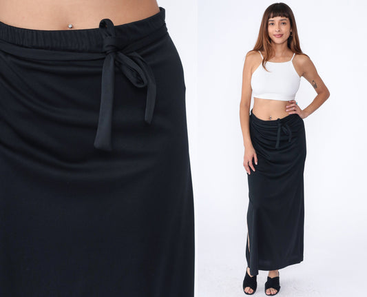 70s Black Maxi Skirt High Waist Straight Cut Elastic Waistband Large L
