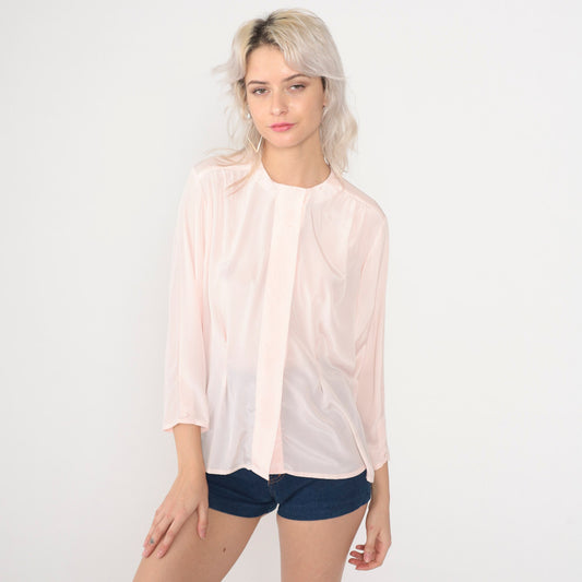 80s Baby Pink Button-Up Blouse Geometric Embroidery Long Sleeve Medium
