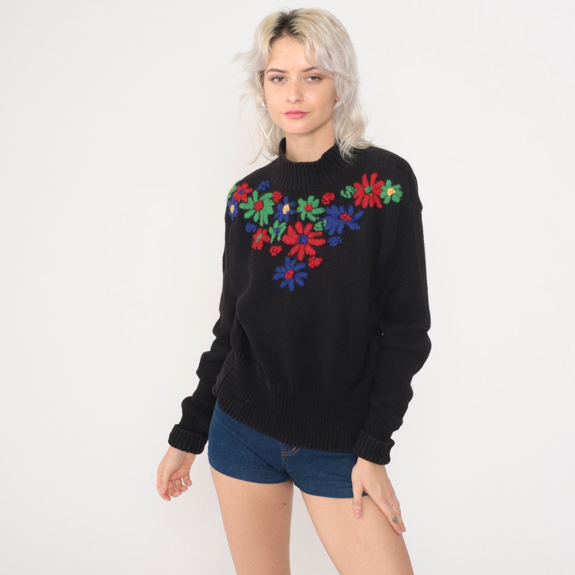 90s Esprit Floral Embroidered Black Cotton Sweater Small