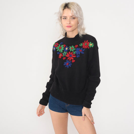 90s Esprit Floral Embroidered Black Cotton Sweater Small