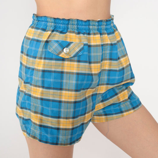 80s Blue Plaid Shorts Elastic Drawstring Waist Cotton Blend Medium