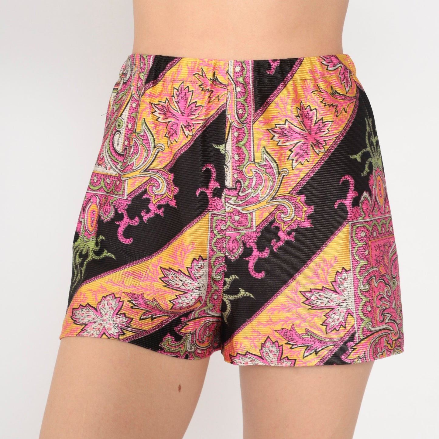 60s Psychedelic Leaf Print Shorts High Waist Neon Pink Black Extra Small