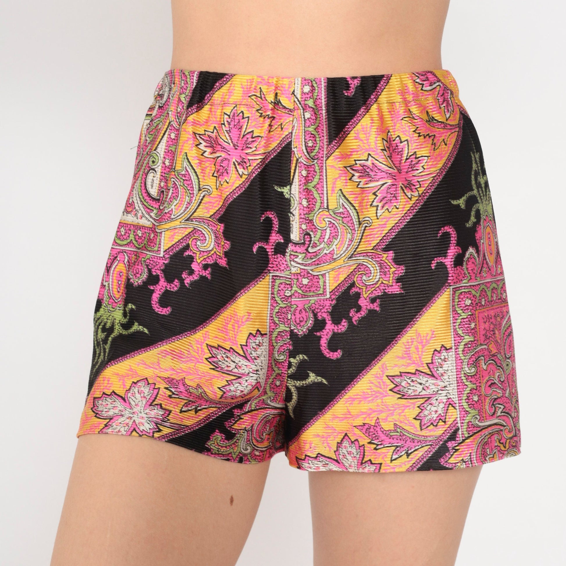 60s Psychedelic Leaf Print Shorts High Waist Neon Pink Black Extra Small