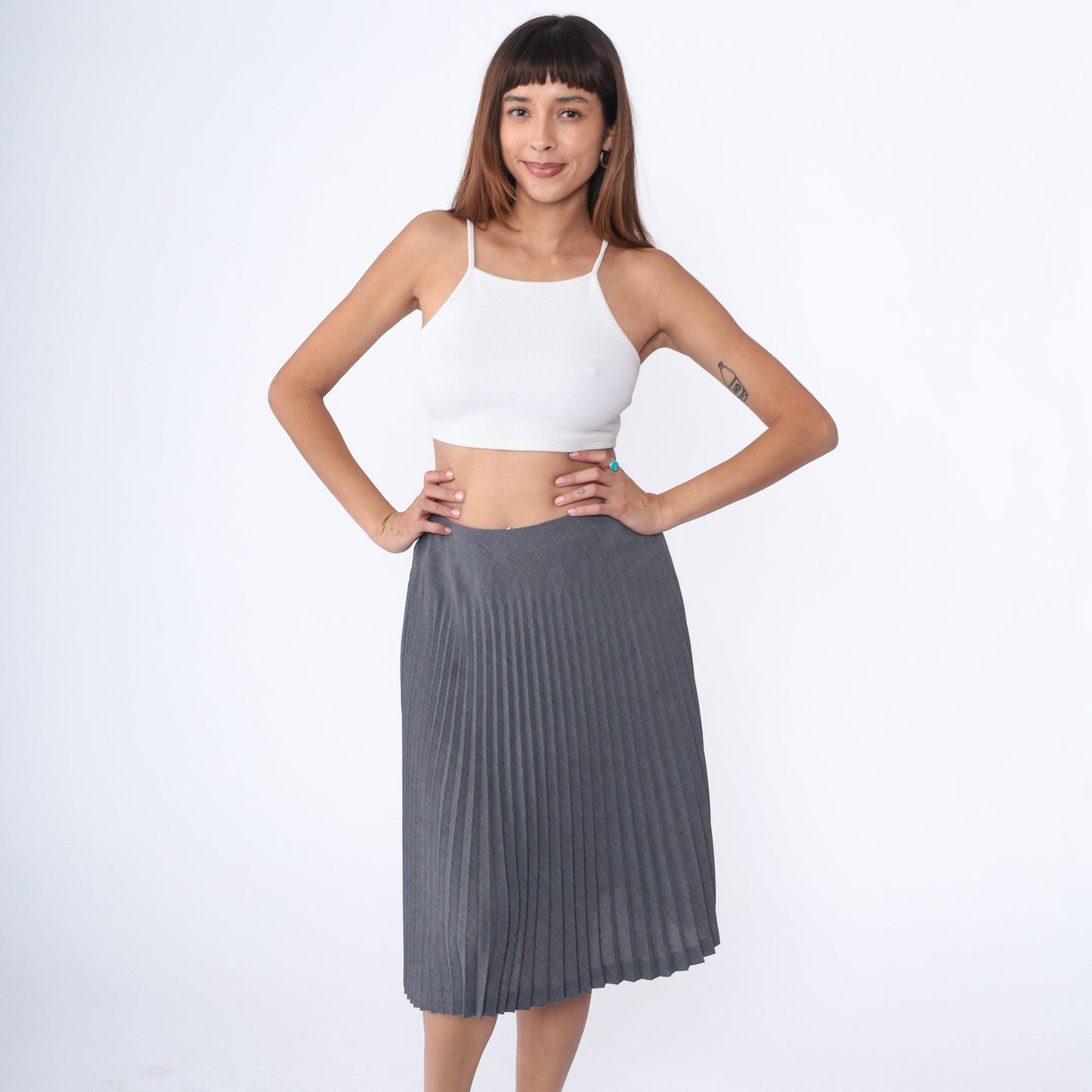 00s Grey Pleated High-Waist Midi Skirt Small 6