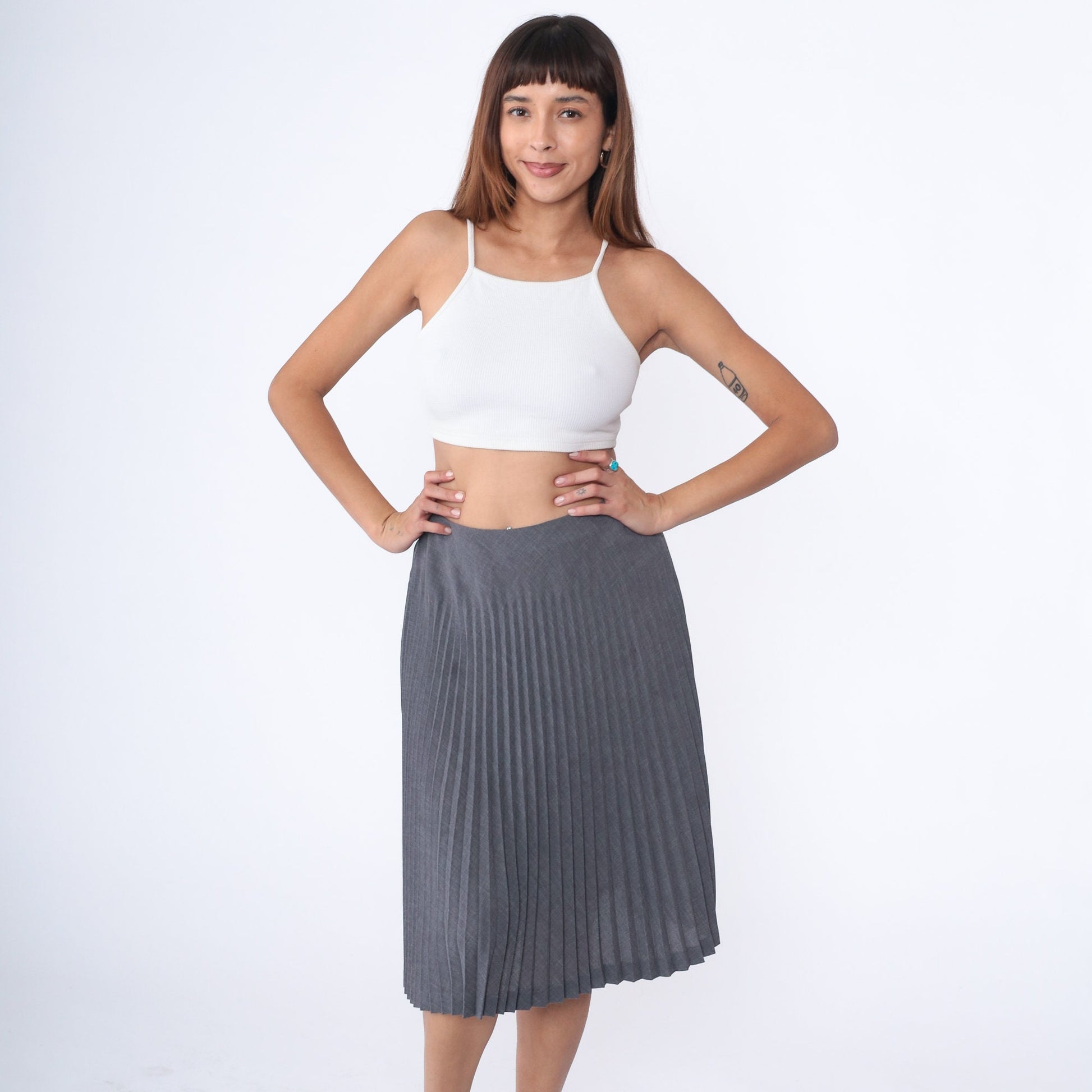 00s Grey Pleated High-Waist Midi Skirt Small 6
