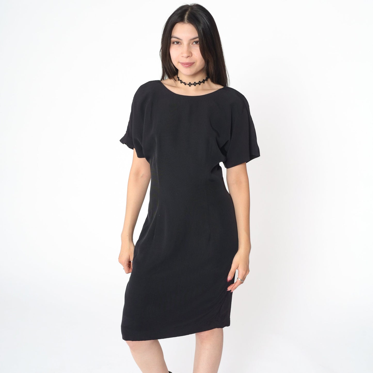 90s Black Midi Dress Deep V Back Sheath Short Sleeve Small