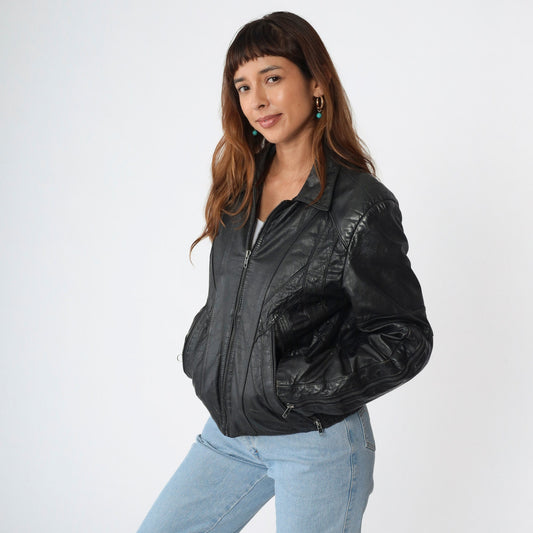 80s Wilsons Leather Black Moto Jacket Zip Motorcycle Biker Small