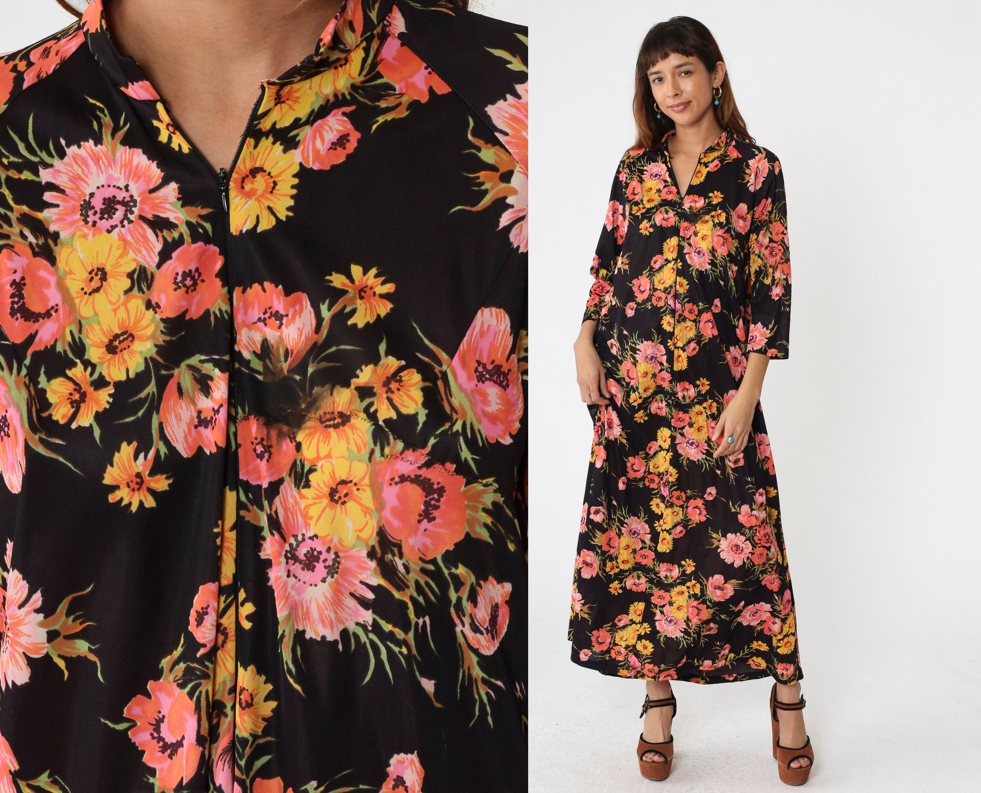 70s Black Floral Maxi Nightgown Zip Front 3/4 Sleeve Loungewear Large