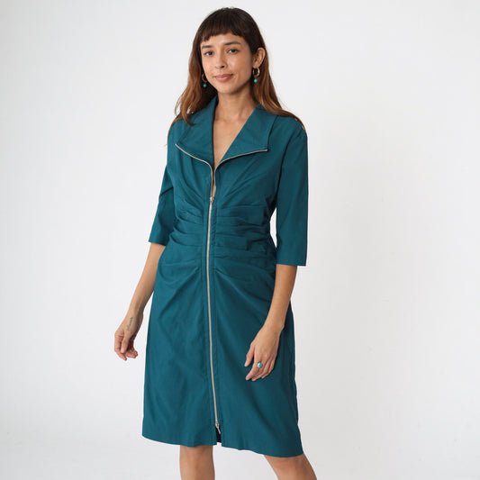 00s Joseph Ribkoff Teal Sheath Dress Front Zip Pleated 3/4 Sleeve Knee Length Large 14