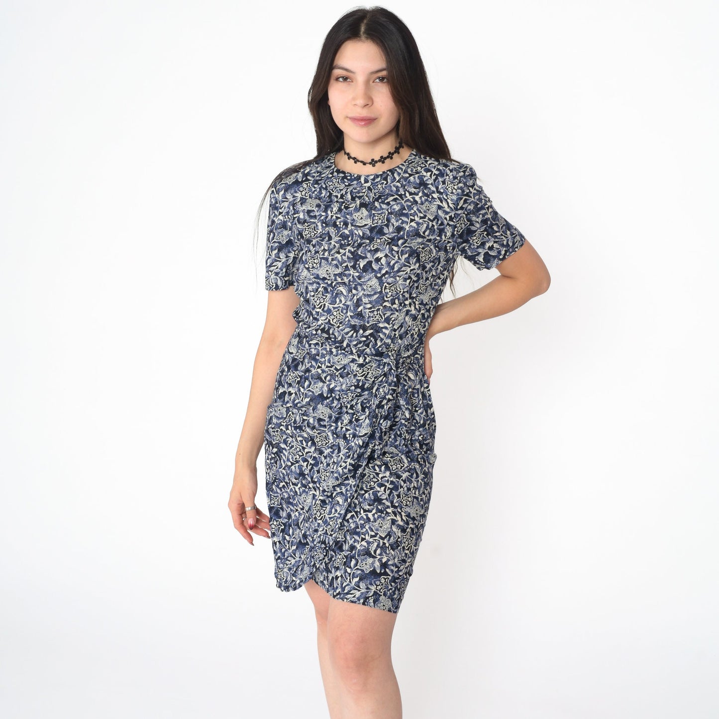 90s Floral Rayon Mini Dress Blue Wrap Tie Skirt Short Sleeve Small 4