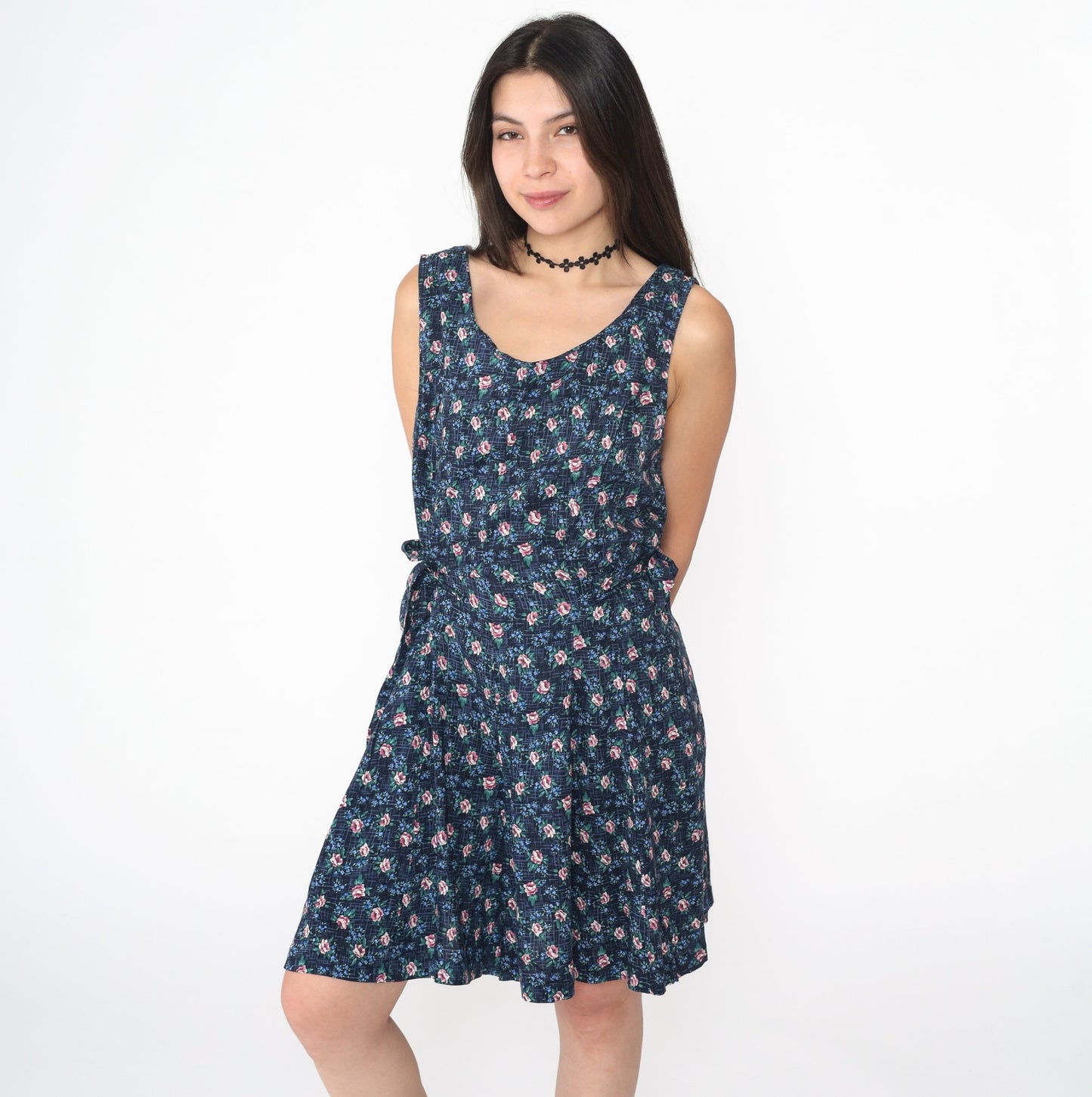 90s Navy Floral Rayon Mini Dress Sleeveless Side Tie Scoop Neck Large 12