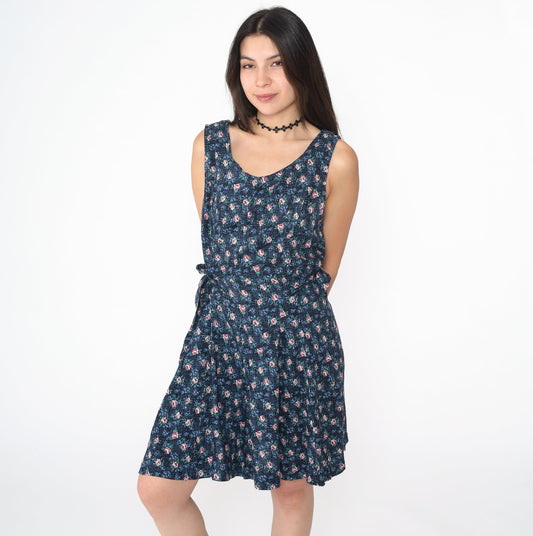 90s Navy Floral Rayon Mini Dress Sleeveless Side Tie Scoop Neck Large 12